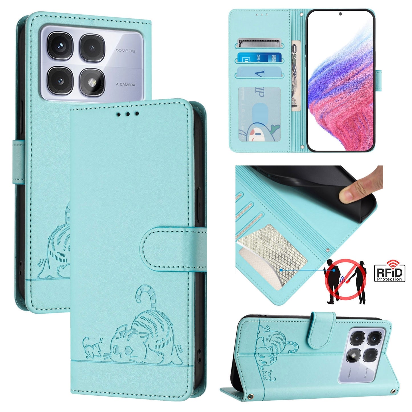 Redmi K70 Ultra 5G Global Cat and Rat Embossed Pattern, RFID Leather Phone Case with Lanyard, Kickstand, and Wallet Features