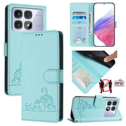 Redmi K70 Ultra 5G Global Cat and Rat Embossed Pattern, RFID Leather Phone Case with Lanyard, Kickstand, and Wallet Features