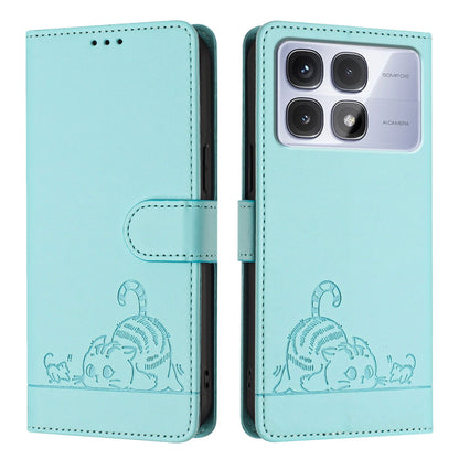 Redmi K70 Ultra 5G Global Cat and Rat Embossed Pattern, RFID Leather Phone Case with Lanyard, Kickstand, and Wallet Features