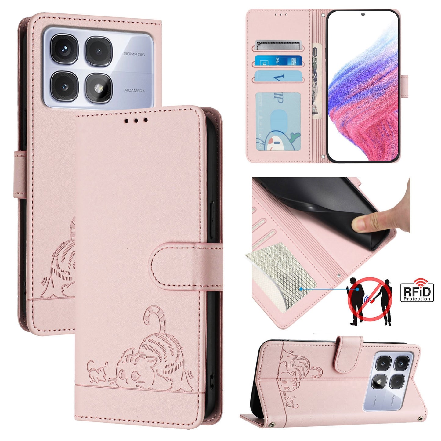 Redmi K70 Ultra 5G Global Cat and Rat Embossed Pattern, RFID Leather Phone Case with Lanyard, Kickstand, and Wallet Features