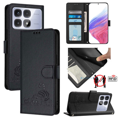 Redmi K70 Ultra 5G Global Cat and Rat Embossed Pattern, RFID Leather Phone Case with Lanyard, Kickstand, and Wallet Features