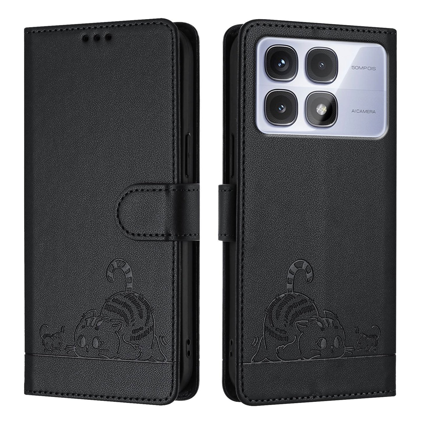 Redmi K70 Ultra 5G Global Cat and Rat Embossed Pattern, RFID Leather Phone Case with Lanyard, Kickstand, and Wallet Features