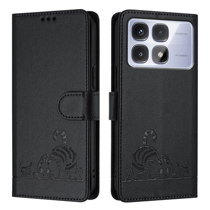 Redmi K70 Ultra 5G Global Cat and Rat Embossed Pattern, RFID Leather Phone Case with Lanyard, Kickstand, and Wallet Features