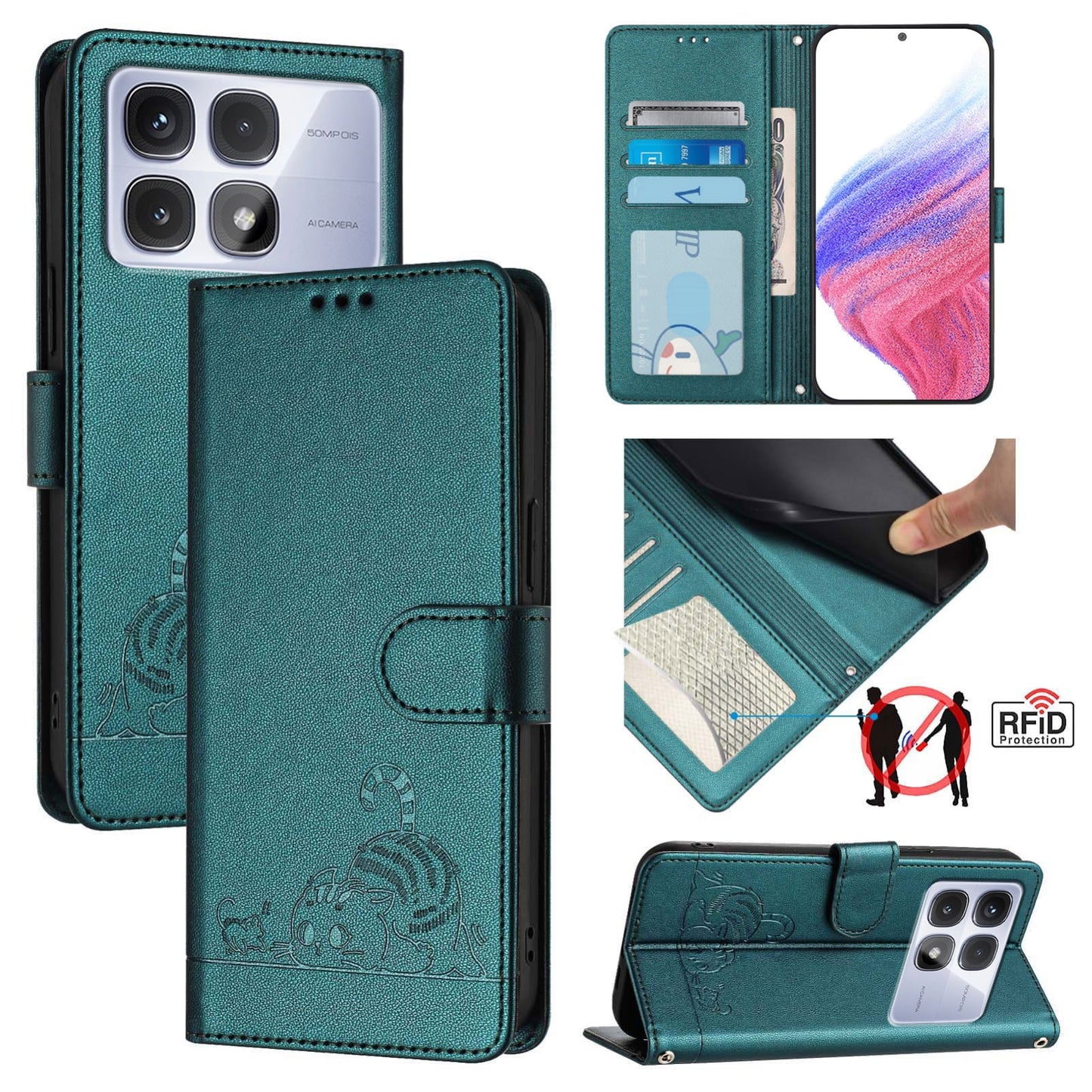 Redmi K70 Ultra 5G Global Cat and Rat Embossed Pattern, RFID Leather Phone Case with Lanyard, Kickstand, and Wallet Features