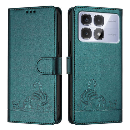 Redmi K70 Ultra 5G Global Cat and Rat Embossed Pattern, RFID Leather Phone Case with Lanyard, Kickstand, and Wallet Features