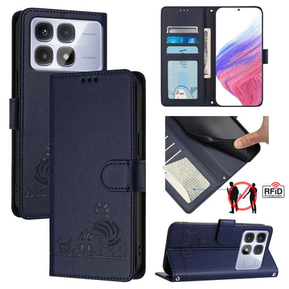 Redmi K70 Ultra 5G Global Cat and Rat Embossed Pattern, RFID Leather Phone Case with Lanyard, Kickstand, and Wallet Features
