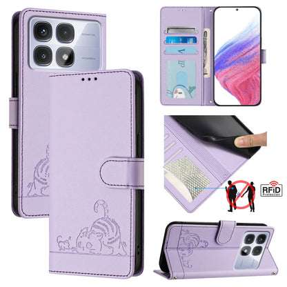 Redmi K70 Ultra 5G Global Cat and Rat Embossed Pattern, RFID Leather Phone Case with Lanyard, Kickstand, and Wallet Features
