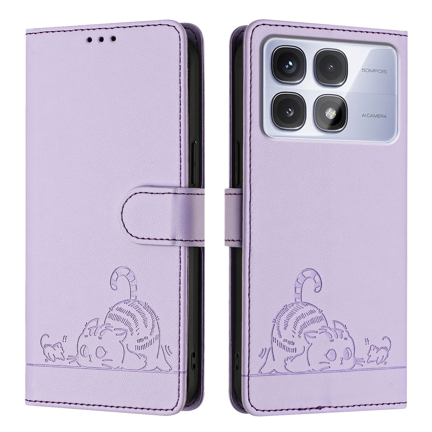Redmi K70 Ultra 5G Global Cat and Rat Embossed Pattern, RFID Leather Phone Case with Lanyard, Kickstand, and Wallet Features