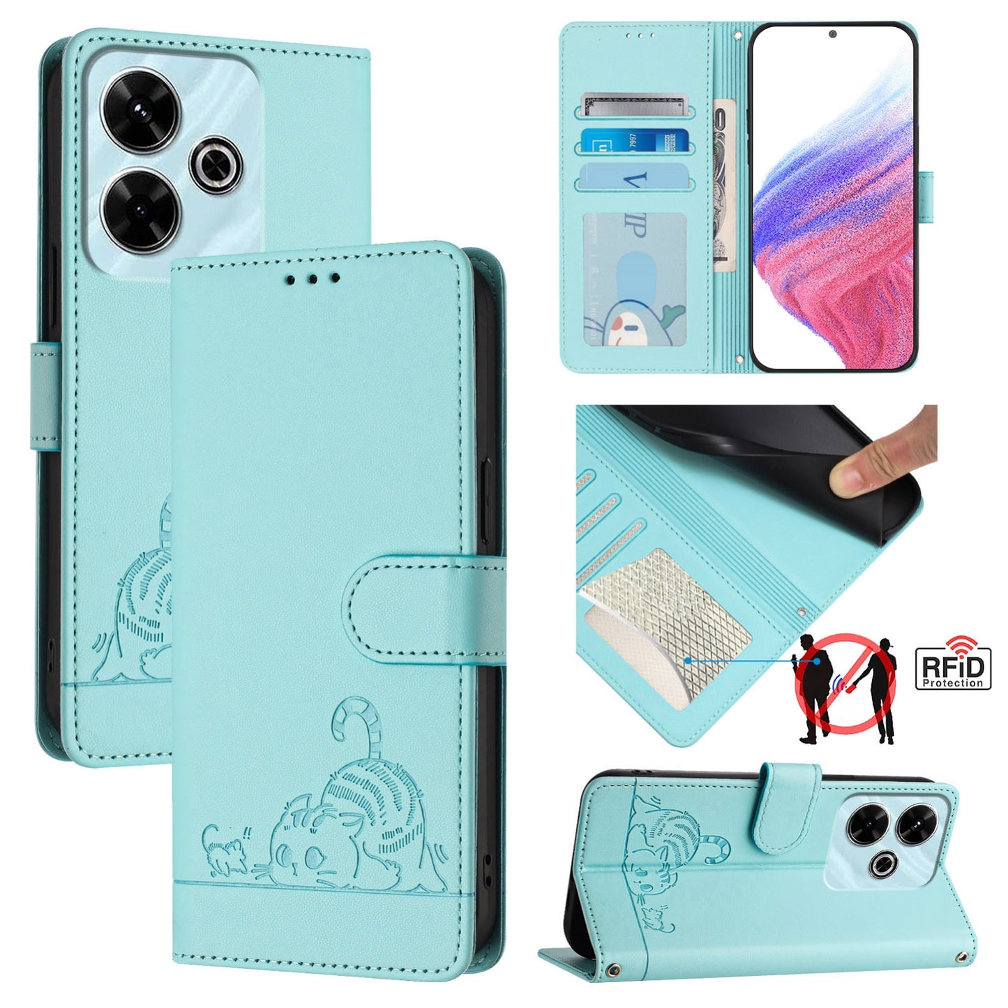 Redmi 13 4G Cat and Rat Embossed Pattern, RFID Leather Phone Case with Lanyard, Kickstand, and Wallet Features