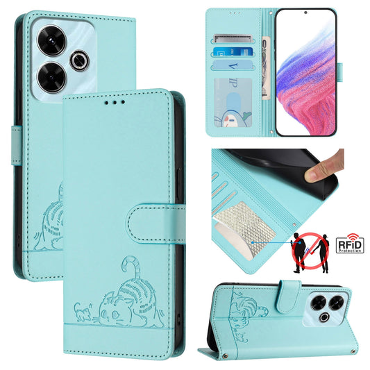 Redmi 13 4G Cat and Rat Embossed Pattern, RFID Leather Phone Case with Lanyard, Kickstand, and Wallet Features