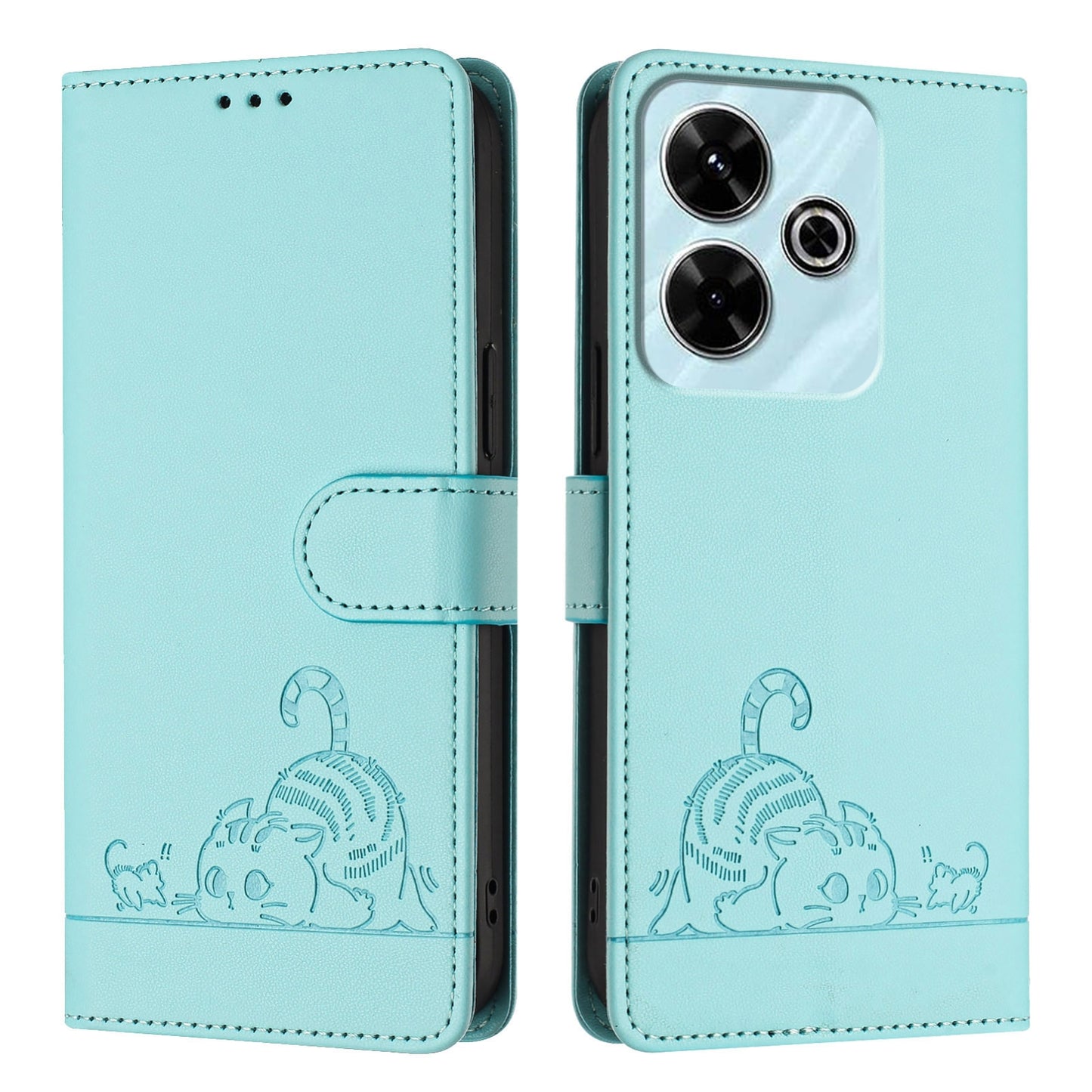 Redmi 13 4G Cat and Rat Embossed Pattern, RFID Leather Phone Case with Lanyard, Kickstand, and Wallet Features