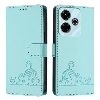 Redmi 13 4G Cat and Rat Embossed Pattern, RFID Leather Phone Case with Lanyard, Kickstand, and Wallet Features