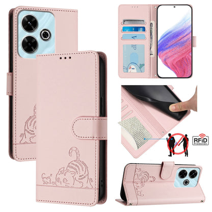 Redmi 13 4G Cat and Rat Embossed Pattern, RFID Leather Phone Case with Lanyard, Kickstand, and Wallet Features