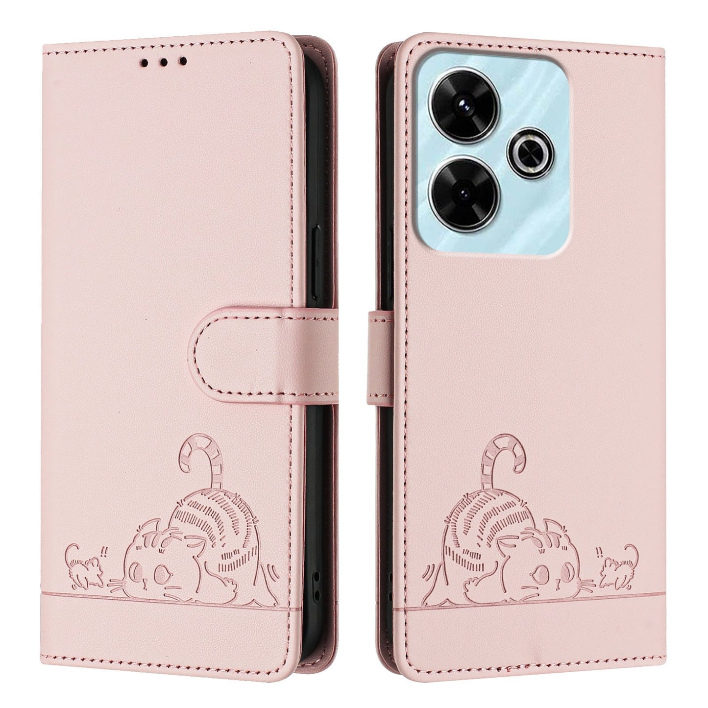 Redmi 13 4G Cat and Rat Embossed Pattern, RFID Leather Phone Case with Lanyard, Kickstand, and Wallet Features