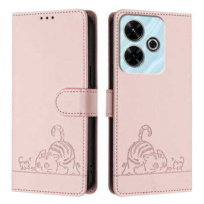 Redmi 13 4G Cat and Rat Embossed Pattern, RFID Leather Phone Case with Lanyard, Kickstand, and Wallet Features