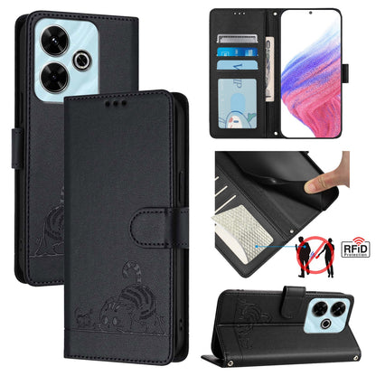 Redmi 13 4G Cat and Rat Embossed Pattern, RFID Leather Phone Case with Lanyard, Kickstand, and Wallet Features