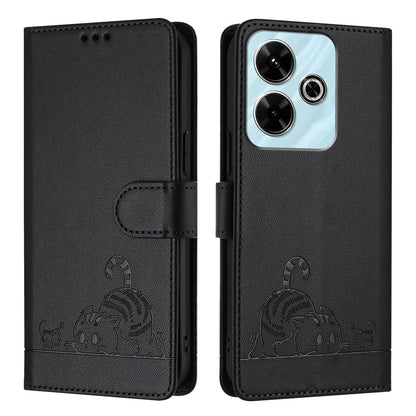 Redmi 13 4G Cat and Rat Embossed Pattern, RFID Leather Phone Case with Lanyard, Kickstand, and Wallet Features