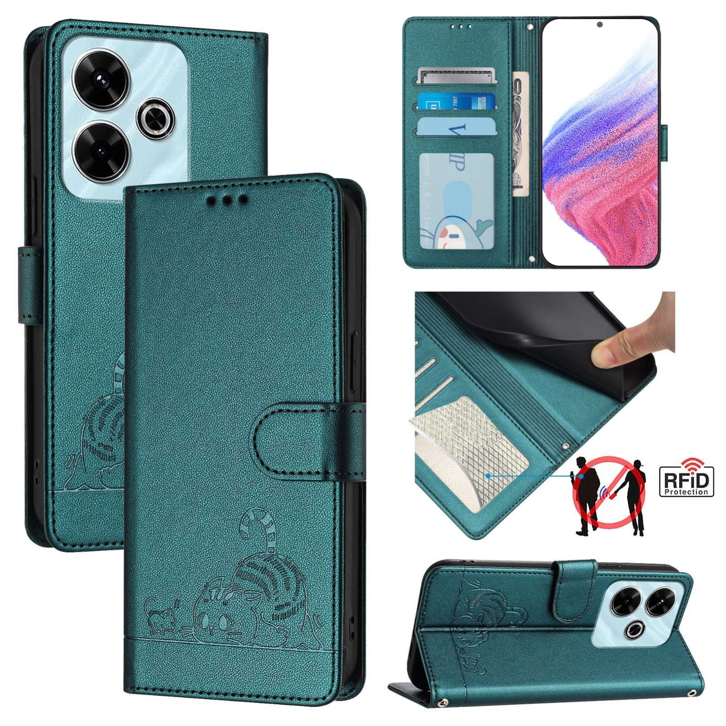 Redmi 13 4G Cat and Rat Embossed Pattern, RFID Leather Phone Case with Lanyard, Kickstand, and Wallet Features