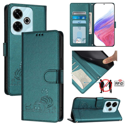 Redmi 13 4G Cat and Rat Embossed Pattern, RFID Leather Phone Case with Lanyard, Kickstand, and Wallet Features