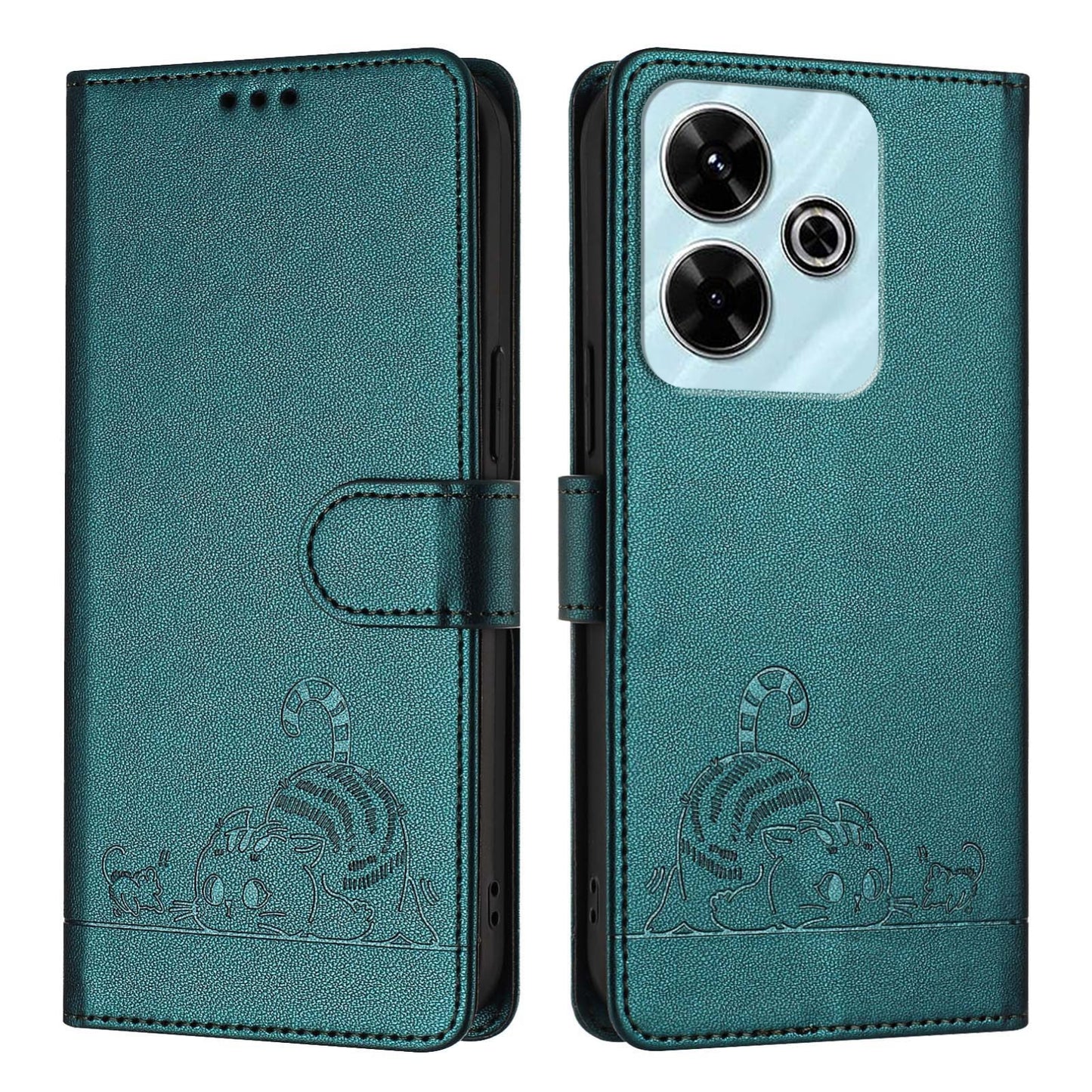 Redmi 13 4G Cat and Rat Embossed Pattern, RFID Leather Phone Case with Lanyard, Kickstand, and Wallet Features