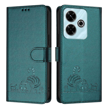 Redmi 13 4G Cat and Rat Embossed Pattern, RFID Leather Phone Case with Lanyard, Kickstand, and Wallet Features