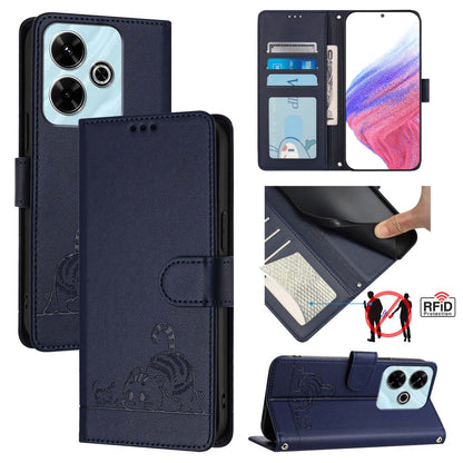 Redmi 13 4G Cat and Rat Embossed Pattern, RFID Leather Phone Case with Lanyard, Kickstand, and Wallet Features