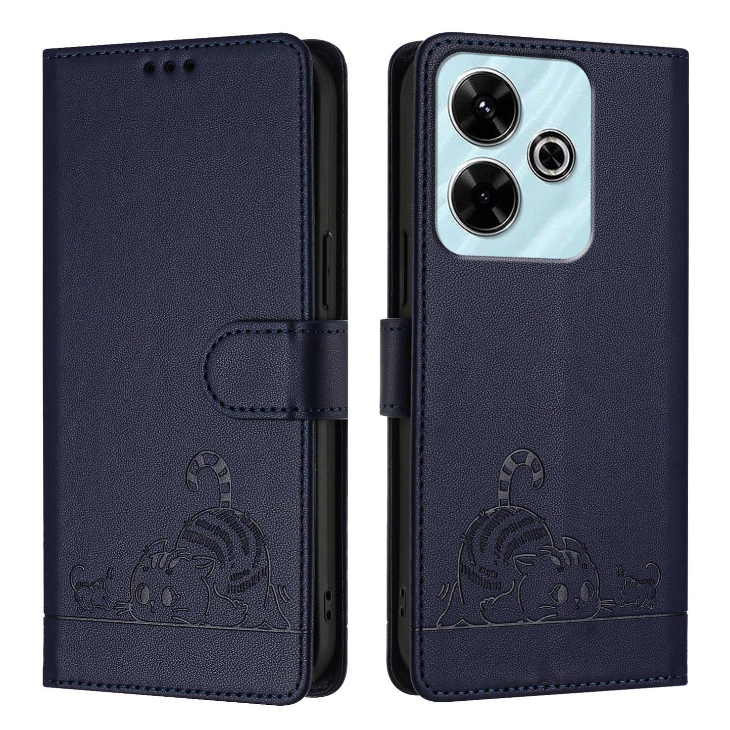 Redmi 13 4G Cat and Rat Embossed Pattern, RFID Leather Phone Case with Lanyard, Kickstand, and Wallet Features