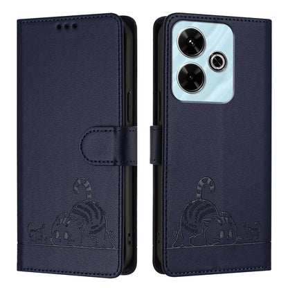 Redmi 13 4G Cat and Rat Embossed Pattern, RFID Leather Phone Case with Lanyard, Kickstand, and Wallet Features