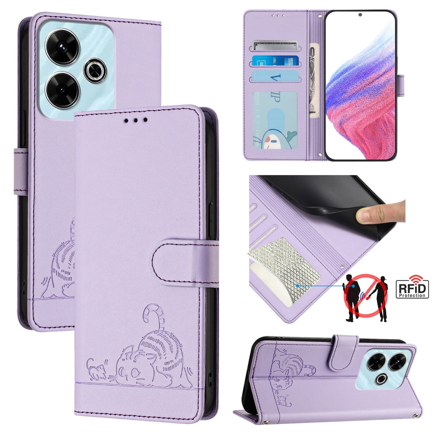 Redmi 13 4G Cat and Rat Embossed Pattern, RFID Leather Phone Case with Lanyard, Kickstand, and Wallet Features
