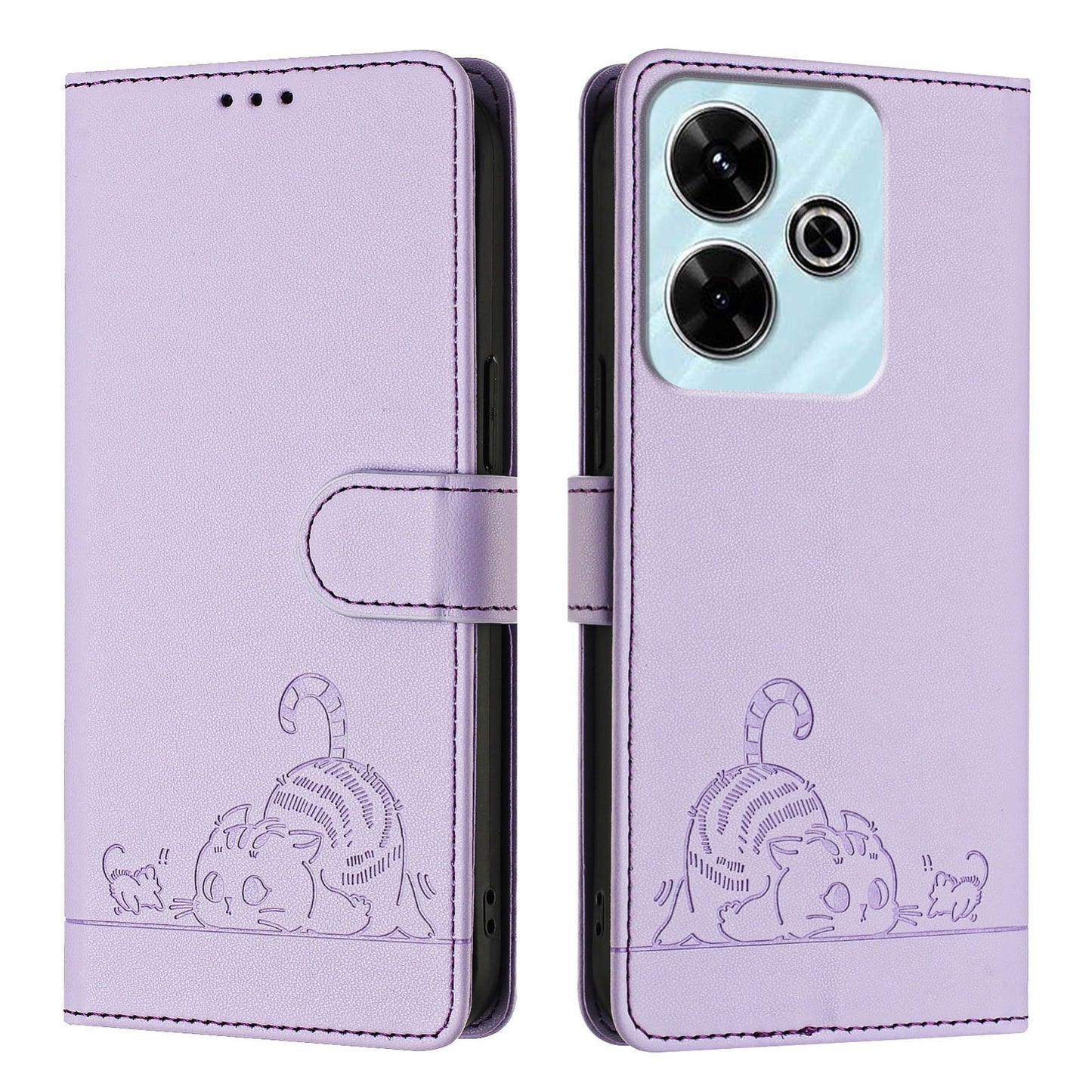 Redmi 13 4G Cat and Rat Embossed Pattern, RFID Leather Phone Case with Lanyard, Kickstand, and Wallet Features