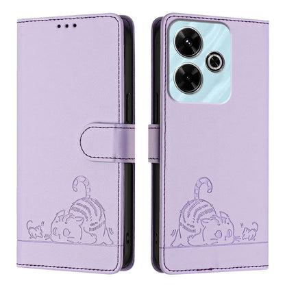 Redmi 13 4G Cat and Rat Embossed Pattern, RFID Leather Phone Case with Lanyard, Kickstand, and Wallet Features