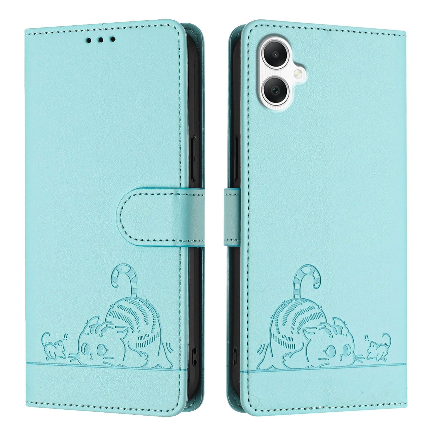 Samsung Galaxy A06 4G Cat and Rat Embossed Pattern, RFID Leather Phone Case with Lanyard, Kickstand, and Wallet Features