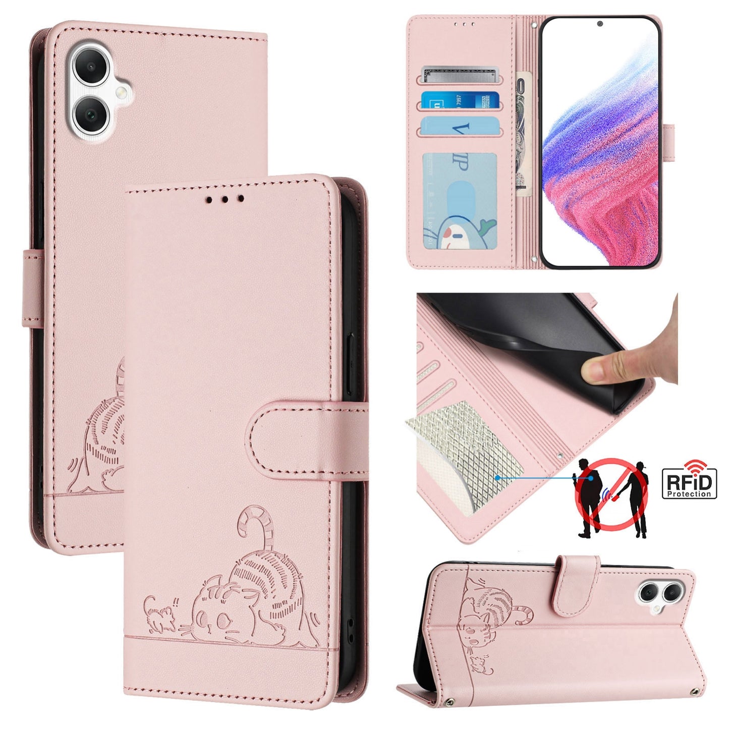Samsung Galaxy A06 4G Cat and Rat Embossed Pattern, RFID Leather Phone Case with Lanyard, Kickstand, and Wallet Features