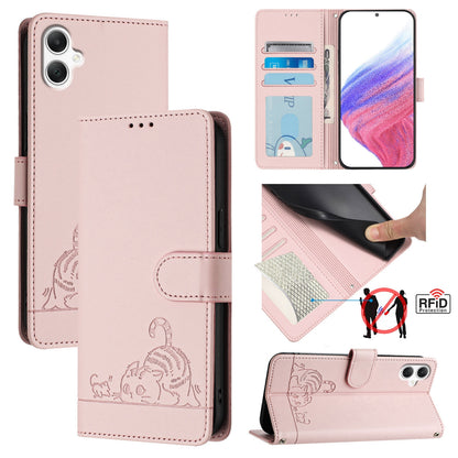 Samsung Galaxy A06 4G Cat and Rat Embossed Pattern, RFID Leather Phone Case with Lanyard, Kickstand, and Wallet Features