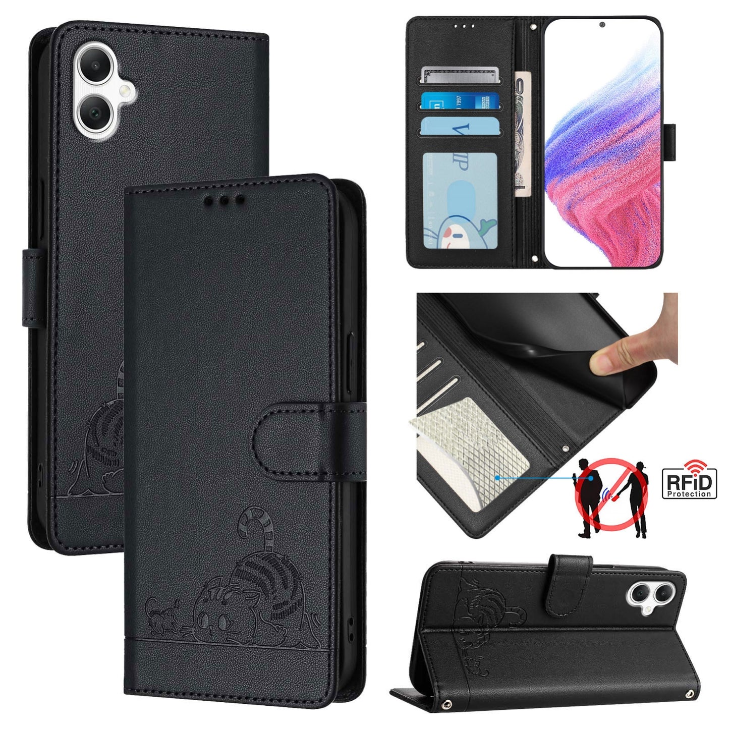 Samsung Galaxy A06 4G Cat and Rat Embossed Pattern, RFID Leather Phone Case with Lanyard, Kickstand, and Wallet Features