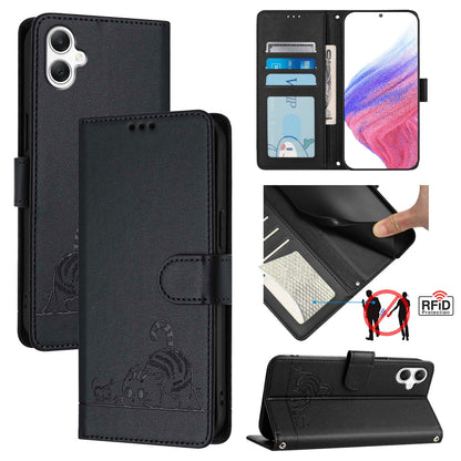 Samsung Galaxy A06 4G Cat and Rat Embossed Pattern, RFID Leather Phone Case with Lanyard, Kickstand, and Wallet Features