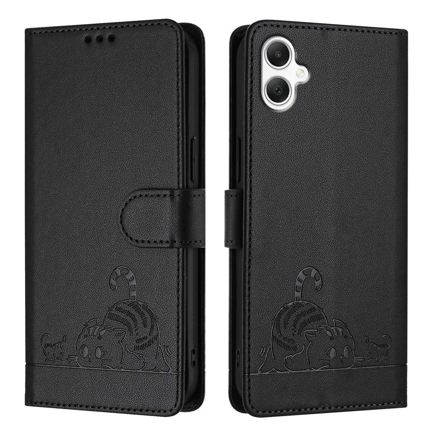 Samsung Galaxy A06 4G Cat and Rat Embossed Pattern, RFID Leather Phone Case with Lanyard, Kickstand, and Wallet Features