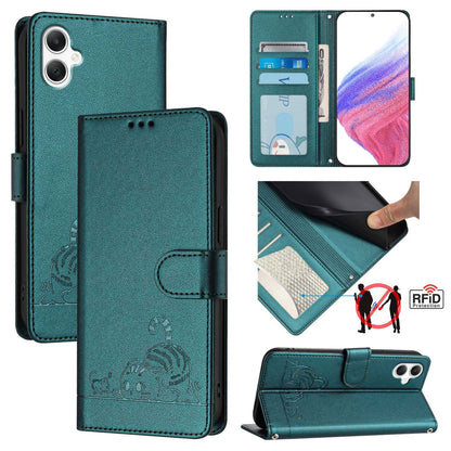 Samsung Galaxy A06 4G Cat and Rat Embossed Pattern, RFID Leather Phone Case with Lanyard, Kickstand, and Wallet Features