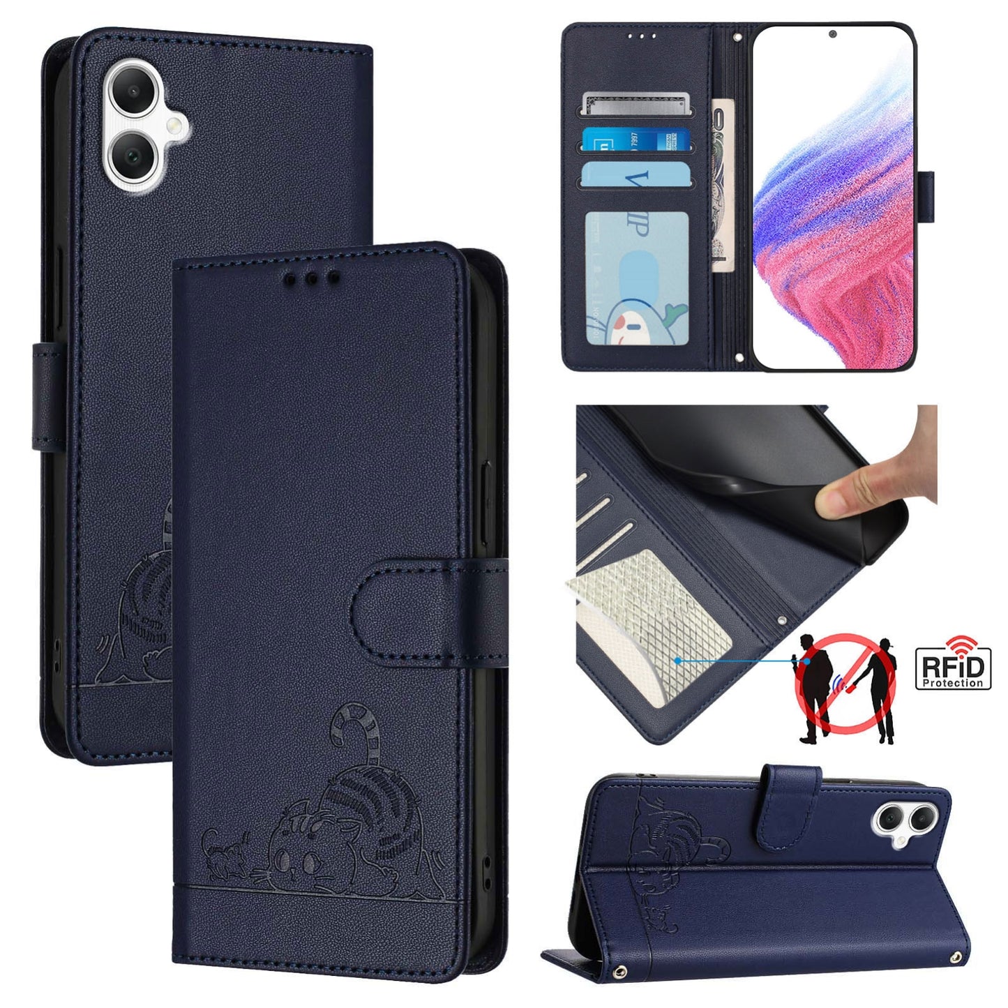 Samsung Galaxy A06 4G Cat and Rat Embossed Pattern, RFID Leather Phone Case with Lanyard, Kickstand, and Wallet Features