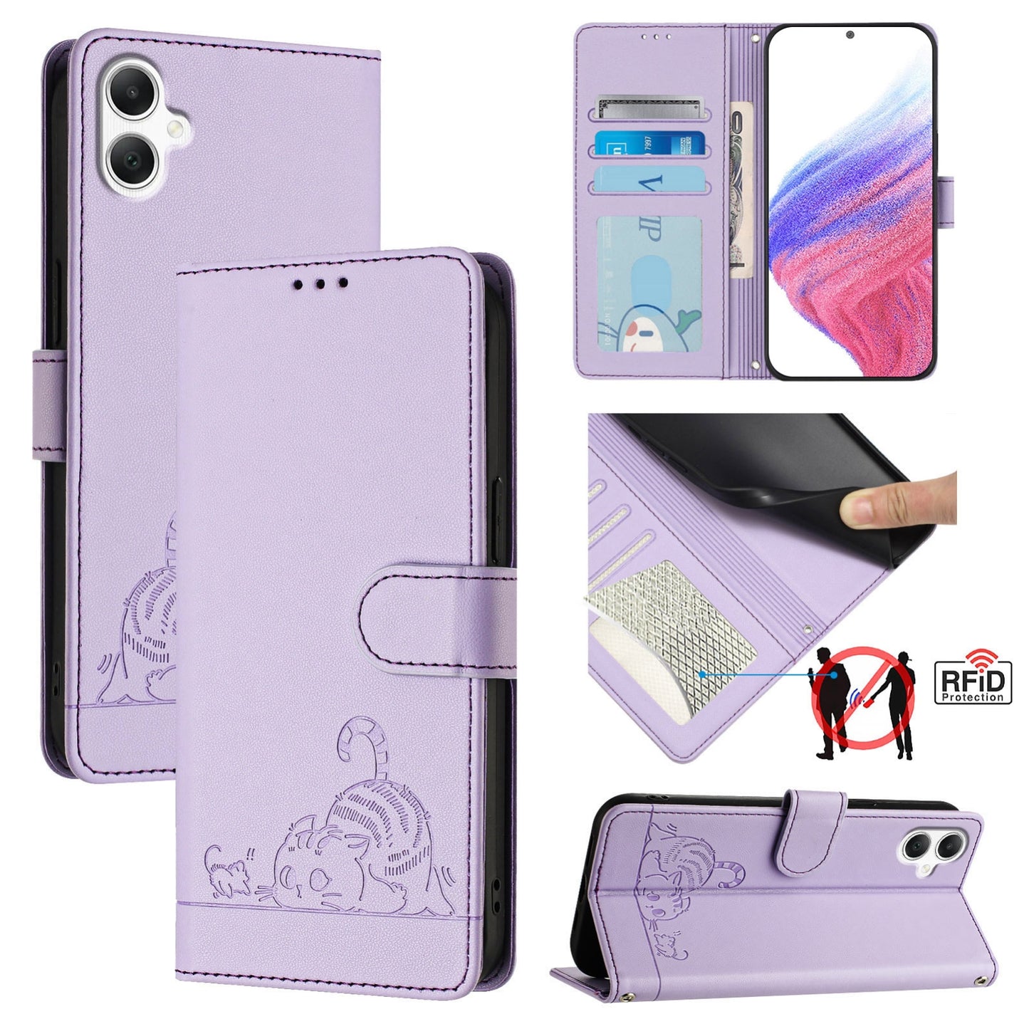 Samsung Galaxy A06 4G Cat and Rat Embossed Pattern, RFID Leather Phone Case with Lanyard, Kickstand, and Wallet Features