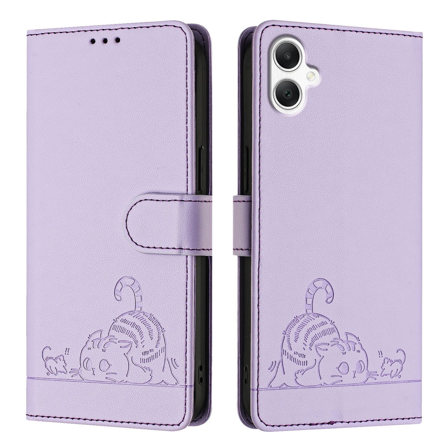 Samsung Galaxy A06 4G Cat and Rat Embossed Pattern, RFID Leather Phone Case with Lanyard, Kickstand, and Wallet Features