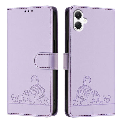 Samsung Galaxy A06 4G Cat and Rat Embossed Pattern, RFID Leather Phone Case with Lanyard, Kickstand, and Wallet Features