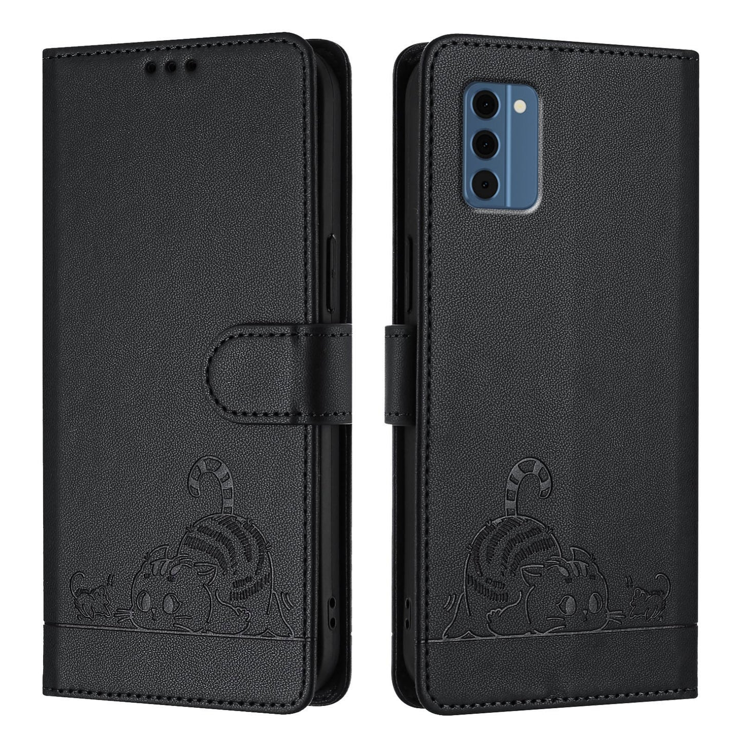 Nokia C300 Cat and Rat Embossed Pattern, RFID Leather Phone Case with Lanyard, Kickstand, and Wallet Features