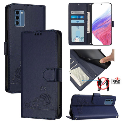 Nokia C300 Cat and Rat Embossed Pattern, RFID Leather Phone Case with Lanyard, Kickstand, and Wallet Features