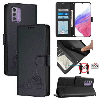 Nokia G310 Cat and Rat Embossed Pattern, RFID Leather Phone Case with Lanyard, Kickstand, and Wallet Features