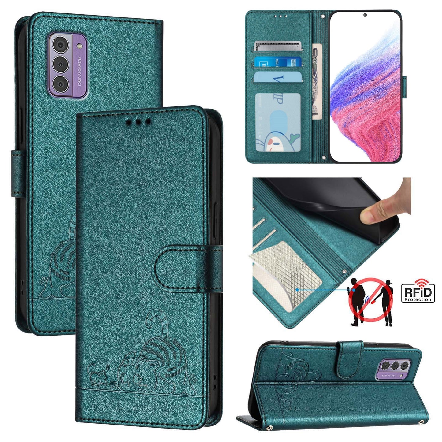 Nokia G310 Cat and Rat Embossed Pattern, RFID Leather Phone Case with Lanyard, Kickstand, and Wallet Features