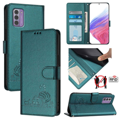 Nokia G310 Cat and Rat Embossed Pattern, RFID Leather Phone Case with Lanyard, Kickstand, and Wallet Features