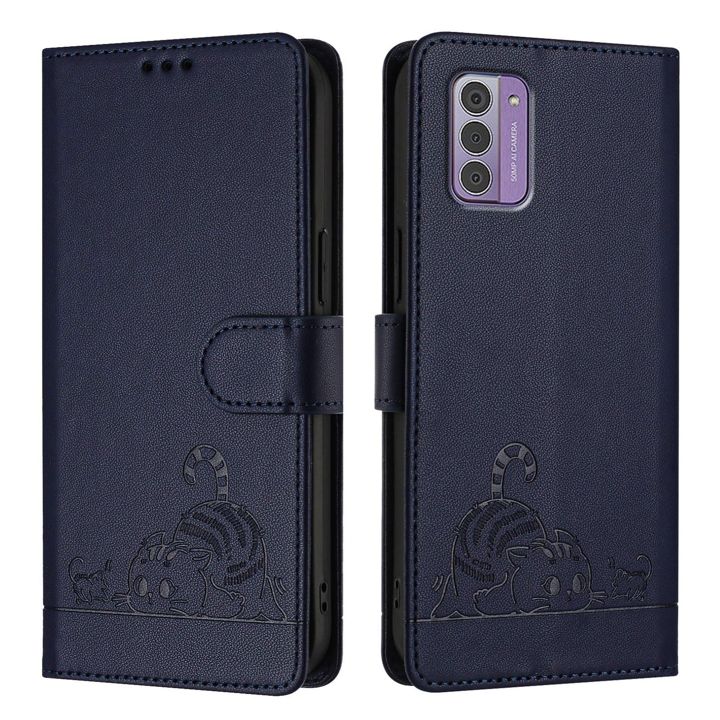 Nokia G310 Cat and Rat Embossed Pattern, RFID Leather Phone Case with Lanyard, Kickstand, and Wallet Features