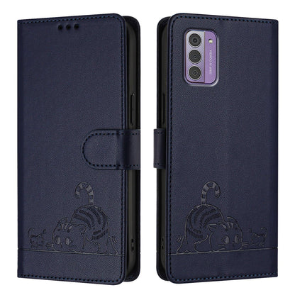 Nokia G310 Cat and Rat Embossed Pattern, RFID Leather Phone Case with Lanyard, Kickstand, and Wallet Features