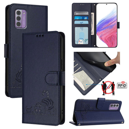 Nokia G310 Cat and Rat Embossed Pattern, RFID Leather Phone Case with Lanyard, Kickstand, and Wallet Features